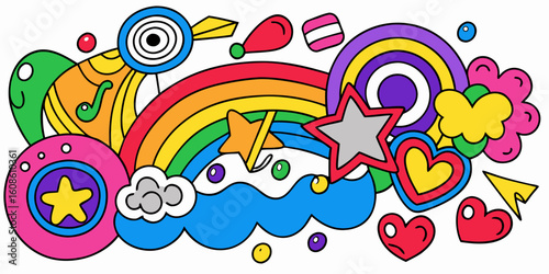Colorful Groovy Doodle Art with Rainbow Stars Hearts Flowers and Abstract Shapes on a White Background Retro Style