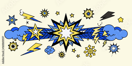 Dynamic Comic Book Style Illustration Featuring Stars Lightning Bolts Clouds and a Central Explosion for Creative Projects