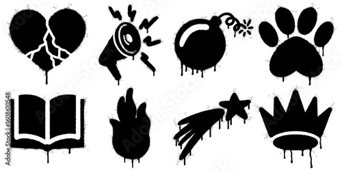 collection of black graffiti stencil icons with dripping spray paint effect on a white background. includes a cracked heart, loudspeaker, bomb, paw print, open book, flame, shooting star, and crown.