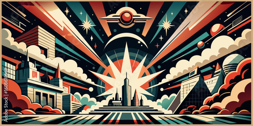 Retro Futuristic Cityscape with Flying Saucer and Bursting Star a Vibrant and Dynamic Art Deco Inspired Illustration