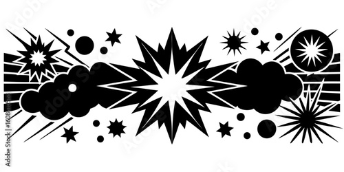 Dynamic Black and White Comic Style Explosion with Stars Clouds and Geometric Shapes for Graphic Novel Design