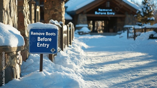 Snow Area with Ski Lodge Entry Sign 
