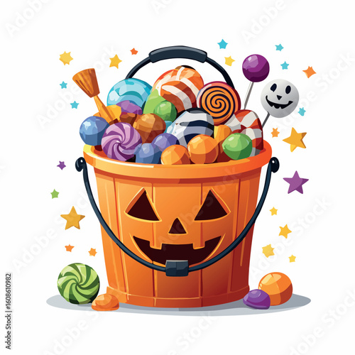 Festive Halloween jack-o'-lantern pail overflowing with colorful sweet candy. Cartoon illustration of a trick-or-treat bucket on a white background.