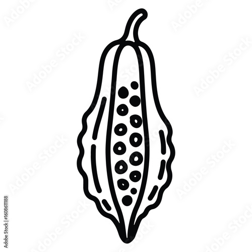 Hand drawn bitter melon vegetable in black and white outline for healthy eating concepts