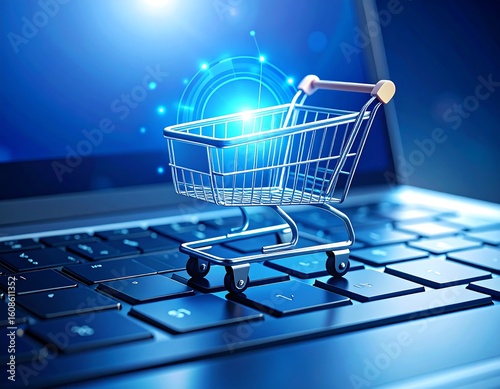 A miniature shopping cart rests on a laptop keyboard, overlaid with a digital graphic of glowing circles.  The laptop's display shows a blurred, blue background.  The image suggests online shopping