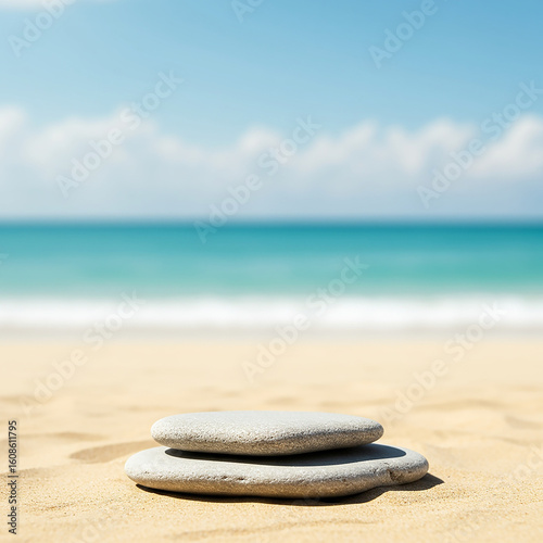 A stack of balanced stones on a sandy beach, with gentle waves lapping in the background.