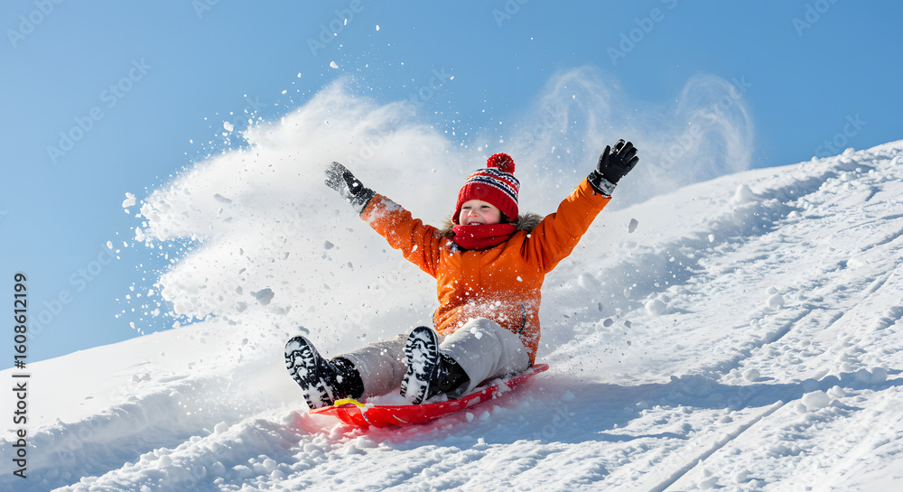custom made wallpaper toronto digitalHappy child sledding down a snowy slope on a bright winter day, arms raised in pure joy and excitement.