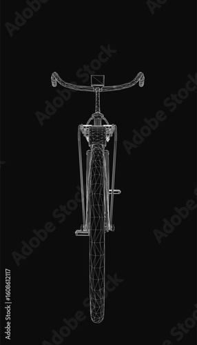 A sleek black and white wireframe bicycle with a retro design stands out against a dark background. The low-slung frame features curved handlebars and a slightly raised seat.