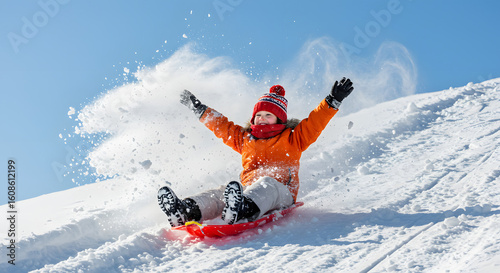 Happy child sledding down a snowy slope on a bright winter day, arms raised in pure joy and excitement.