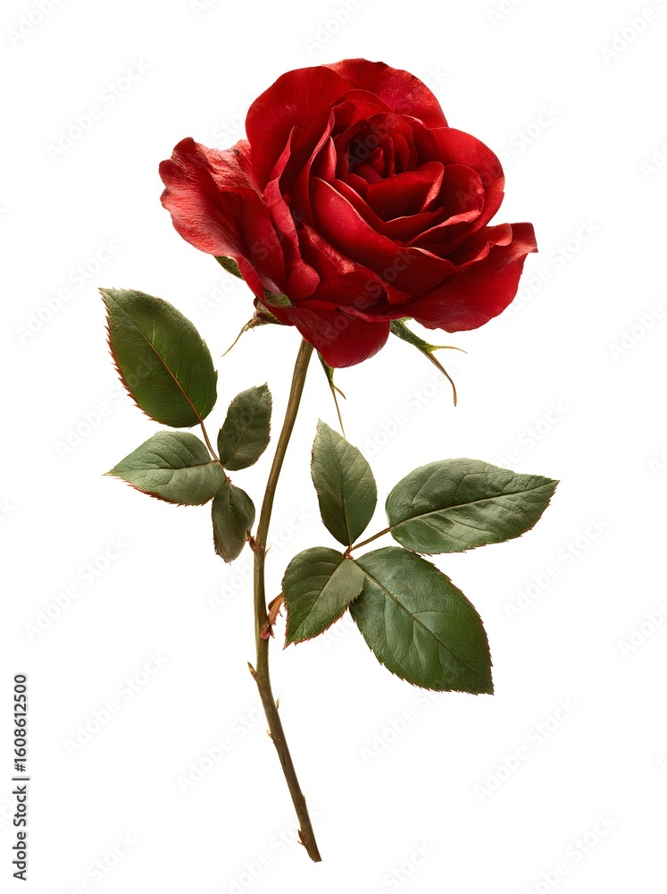 Obraz premium Stunning deep red rose with vibrant green leaves on white background, perfect for romance and beauty