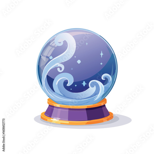 Magic crystal ball illustration with swirling water waves and sparkles. A mystical fortune teller sphere on a purple and gold stand.