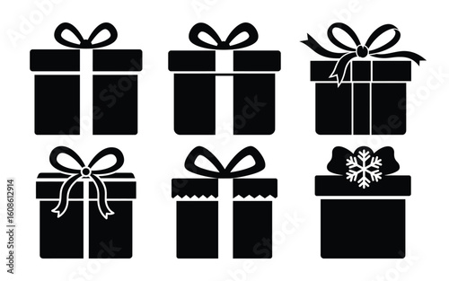 A group of six black gift boxes with ribbons and bows isolated on white background, ideal for any gifting occasion