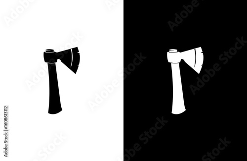 Two stylized axe illustrations, one black on white, the other white on black.
