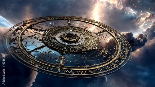 Ornate Astrological Clockwork Mechanism Floating Amidst Dramatic Clouds and Celestial Light