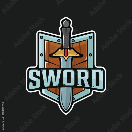 shield and sword logo vector color illustration template icon graphic design . blade or saber sign and symbol for fantasy story or company with black backgrounds