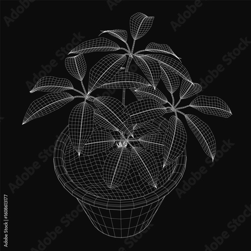 A 3D model of a potted plant with realistic texture and wireframe details, placed in a neutral-colored pot. The dark background emphasizes the plant's vibrant green leaves and intricate structure.