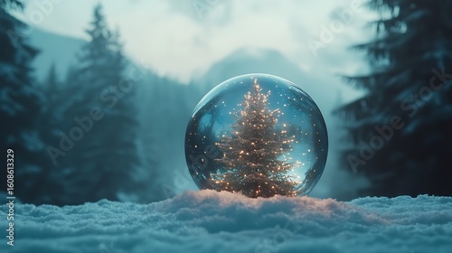 Snow globe with misty fog and a bioluminescent pine tree