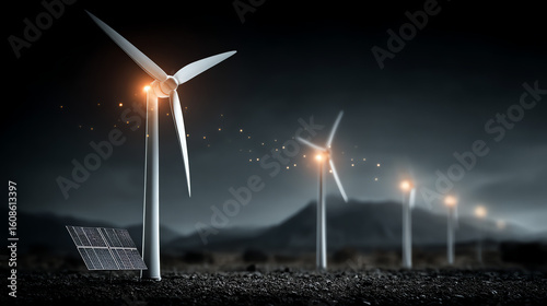 Wind turbines and solar panel generating power in a dark landscape with mountain background view