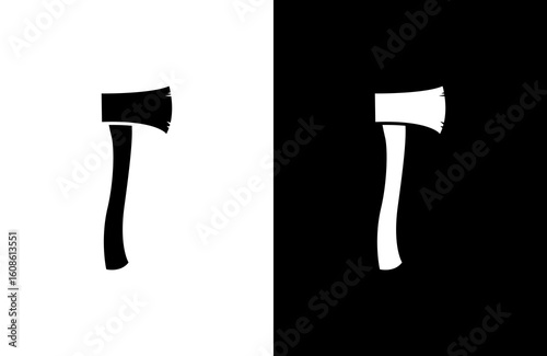 Simple axe icon, black and white, graphic design, reversed.