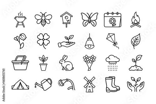 Spring Season Vector Icon Set. BBQ, Bee, Birdhouse, Butterfly, Flower, Calendar, Planting, Rain, Tent, Rabbit, Watering Can, Windmill, Boots, and More. Editable line icons. Vector illustration.