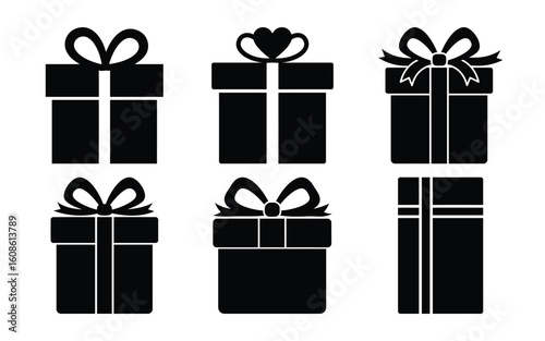 A group of six black gift boxes with ribbons and bows isolated on white background, ideal for any gifting occasion