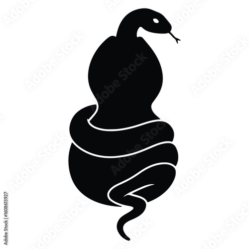 Silhouette of a coiled snake with tongue protruding against a white background simple design