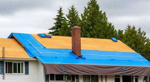 Residential house undergoing repair roof with blue tarps and exposed plywood sheathing, indicating home renovation.