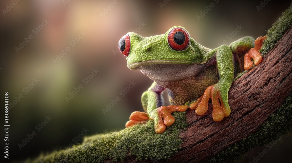 Obraz premium Close-up of a vibrant green tree frog.