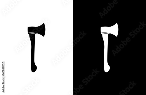 Simple graphic design featuring a hatchet, displayed in both black and white.