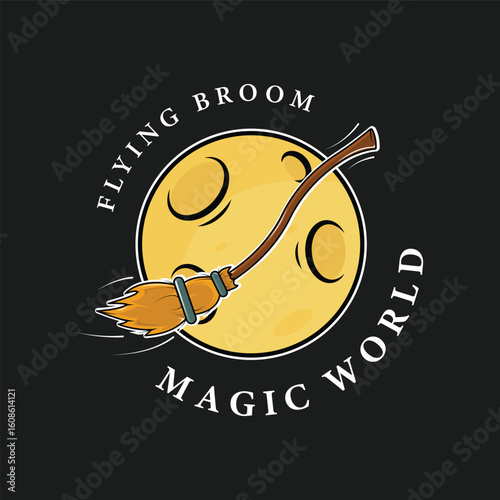 flying broom logo vector color illustration template icon graphic design . witch equipment sign and symbol for fantasy story or company with black backgrounds