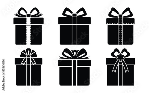 A collection of black gift box silhouettes with various ribbon and bow designs, isolated on white background