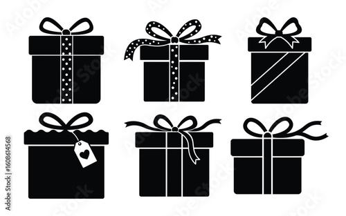 A collection of black gift box silhouettes isolated on white background, each adorned with a unique ribbon and bow