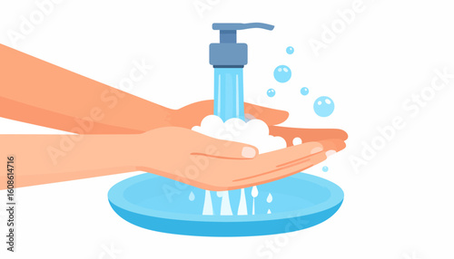 Washing hands with soap under running water for hygiene and health illustration