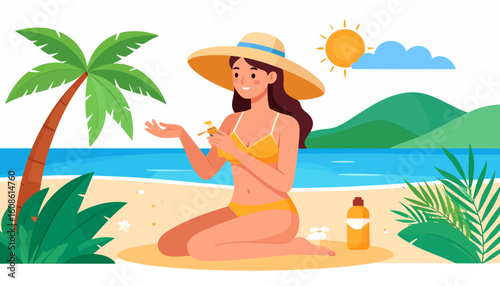 Woman applying sunscreen on beach, enjoying summer vacation with sunshine and ocean views