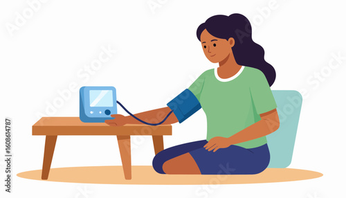Woman getting blood pressure checked at home, health monitoring illustration