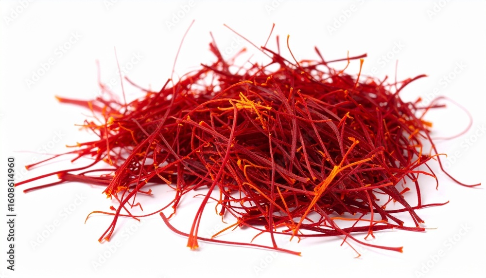 Fototapeta premium Deep red and orange saffron threads in a tangled pile—evoking luxury, aroma, and the artisanal beauty of the world’s most precious spice.