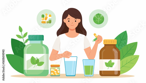 Woman preparing natural remedies and supplements for wellness and healthy living routine