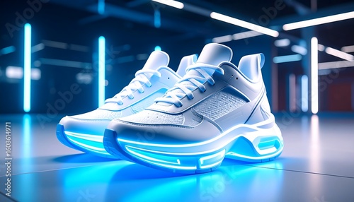 White sneakers with glowing blue soles