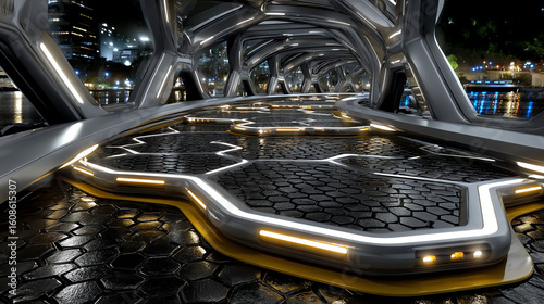 Futuristic bridge with hexagonal pattern and city lights in the background at night time view