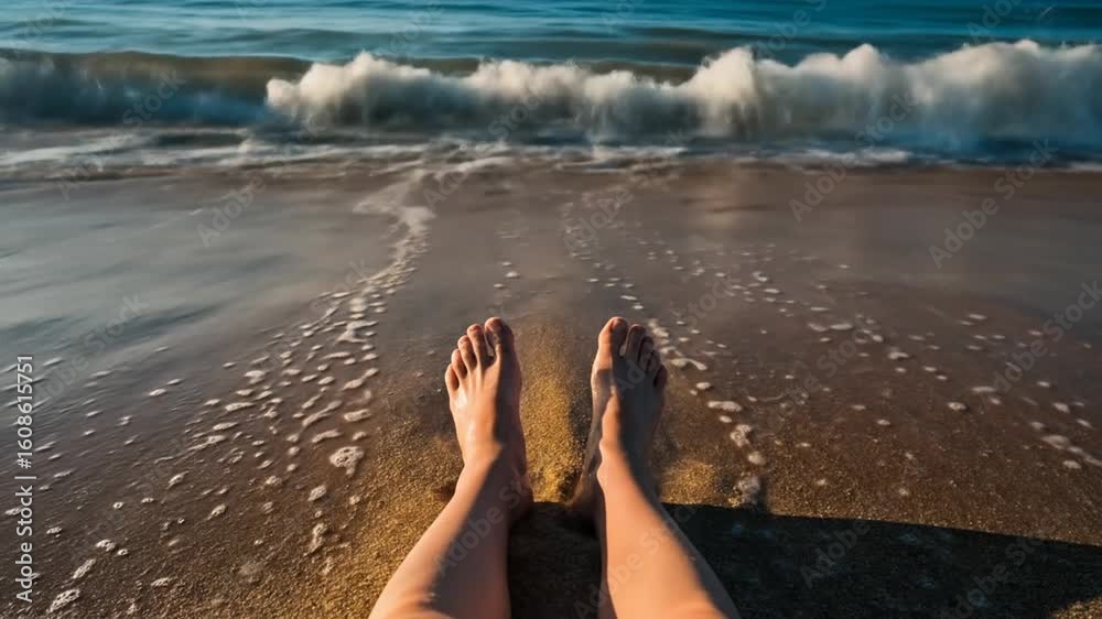 Woman's Feet on Sandy Beach with Ocean Waves