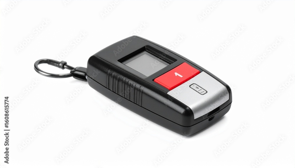 Black and silver electronic device with keychain, small screen, and red and gray buttons—evoking compact functionality, signal control, and utilitarian design. Black and silver electronic device with keychain, small screen, and red and gray buttons—evoking compact functionality, signal control, and utilitarian design.