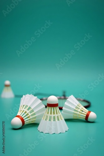 Badminton Shuttlecock on Blue Court with Net