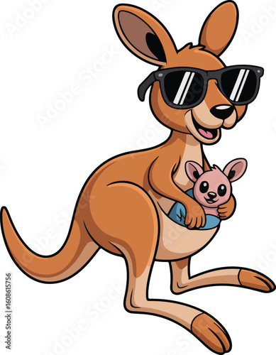 A cool kangaroo wearing sunglasses with a baby kangaroo in its pouch. Transparent png vector