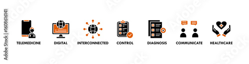 Digital health banner web icon vector illustration concept for technology in medical healthcare with icon of e-health, telemedicine, interconnected, smartwatch, diagnosis, email, and medical app