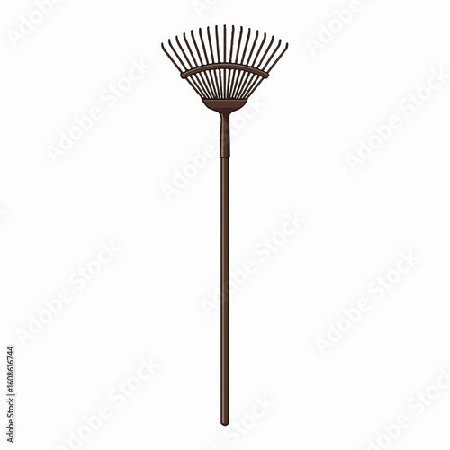 Brown leaf rake with a long handle, isolated on white background, perfect for autumn yard work and fall foliage cleanup.