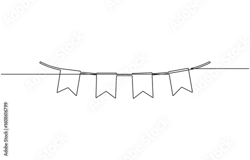 Continuous line art drawing buntings garland. Celebration party hand drawn flags, One line party garland sketch. Hand drawn elements.