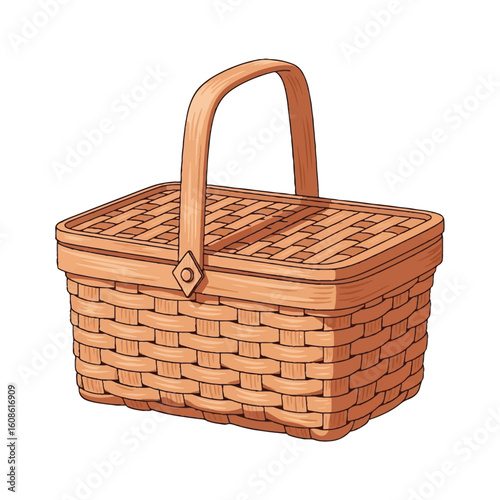 Empty Woven Wicker Picnic Basket Illustration for Autumnal Equinox, Fall Harvest, Outdoor Events, and Seasonal Graphic Design Assets