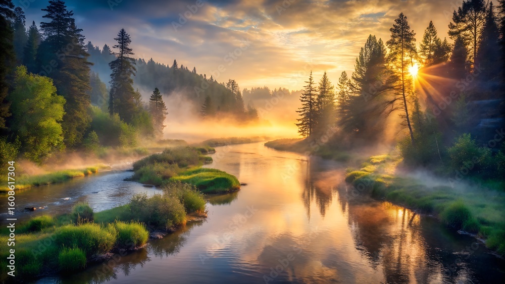 Obraz premium Photo of a serene river landscape at sunrise with mist rising over the water and sunlight filtering through the trees