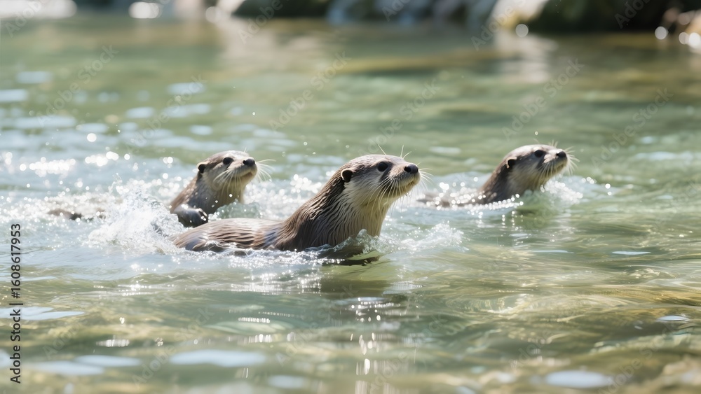 Fototapeta premium Three otters swimming together in clear water, creating playful splashes.