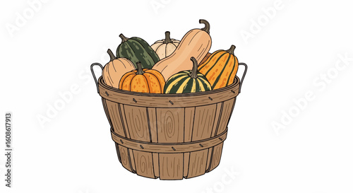 Thanksgiving and Autumnal Equinox assets: Rustic wooden bushel basket overflowing with colorful pumpkins and gourds, fall harvest decor.